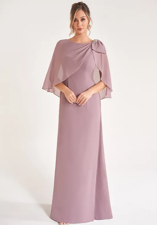 Chiffon Capelet Boat Neck Embellished Bow Column Floor-Length Mother of the Bride Dresses