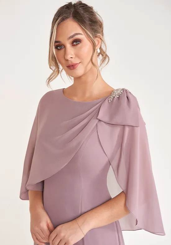 Elegant Chiffon Column Boat Neck Capelet Embellished Floor-Length Mother of the Bride Dress