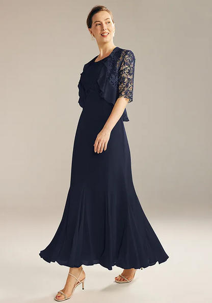 Elegant Chiffon Lace Two-Piece Mermaid Ruffled Floor-Length Mother of the Bride Gown