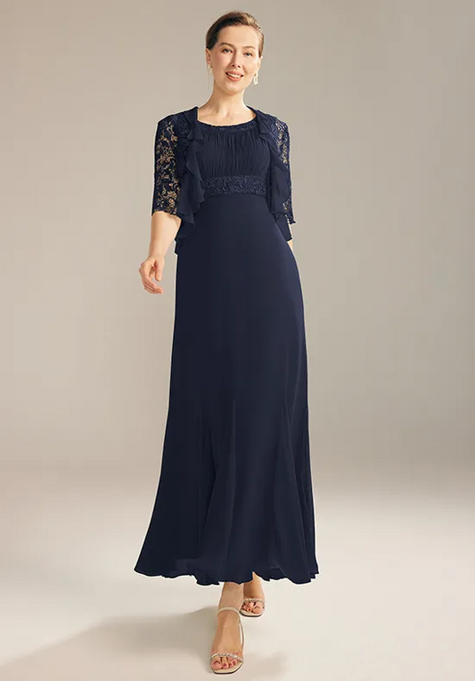 Chiffon Lace Jacket Set Round Neck Ruffled Trim Mermaid Floor-Length Mother of the Bride Dresses