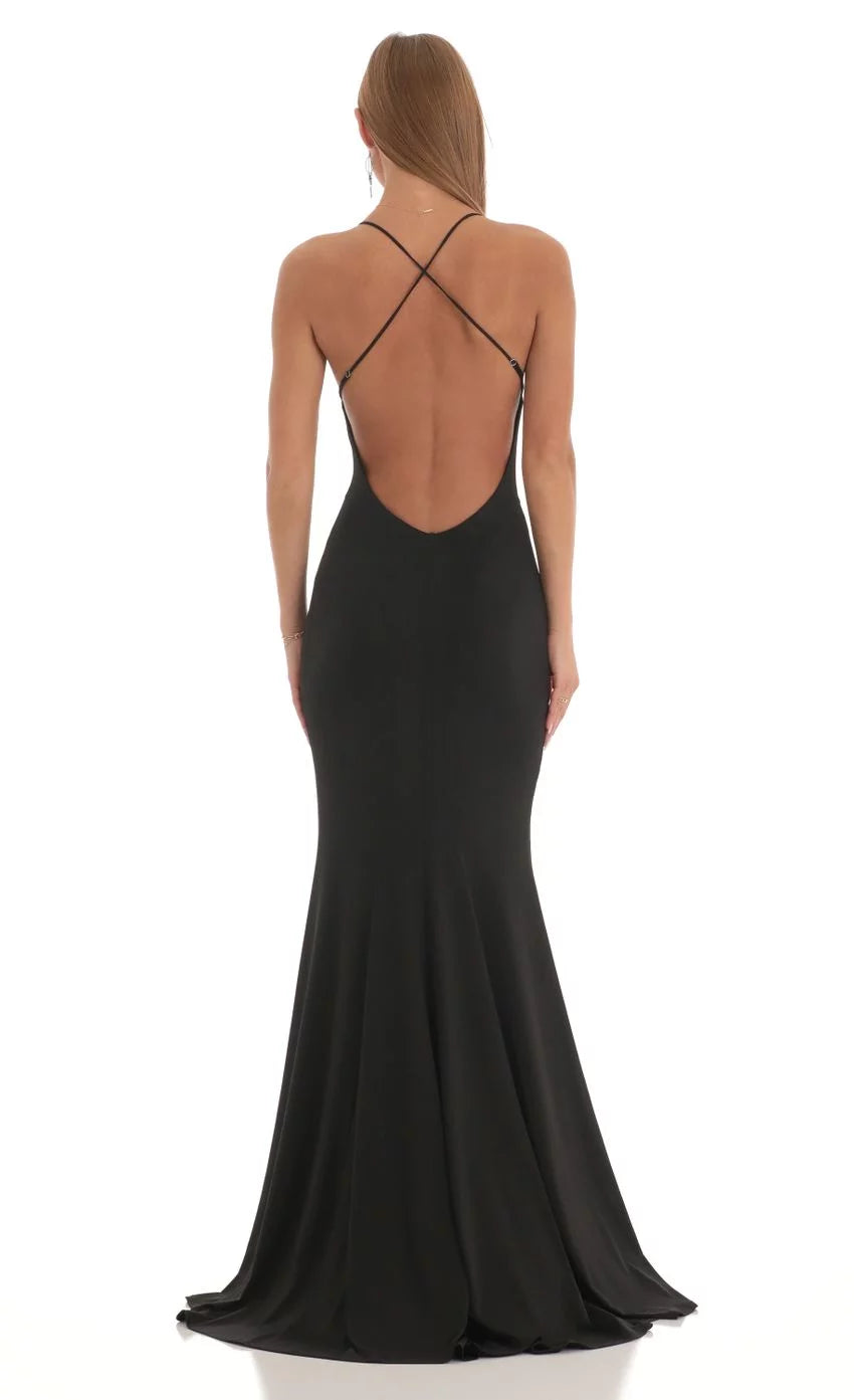 Chiffon Spaghetti-Strap Deep V-Neck Crisscross Open-Back Mermaid Train Floor-Length Timeless Formal Evening Dress
