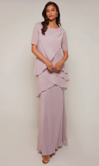 Chiffon Tiered Round Neck Short Sleeves Overlay Maxi Mother of the Bride Dress