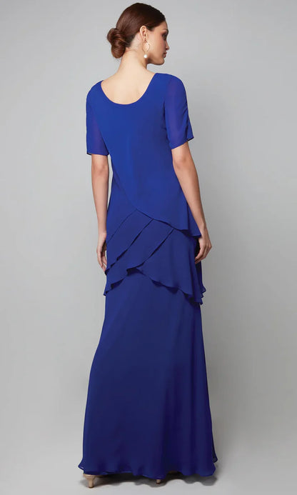 Chiffon Tiered Round Neck Short Sleeves Overlay Maxi Mother of the Bride Dress