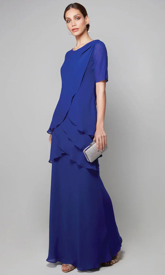 Chiffon Tiered Round Neck Short Sleeves Overlay Maxi Mother of the Bride Dress
