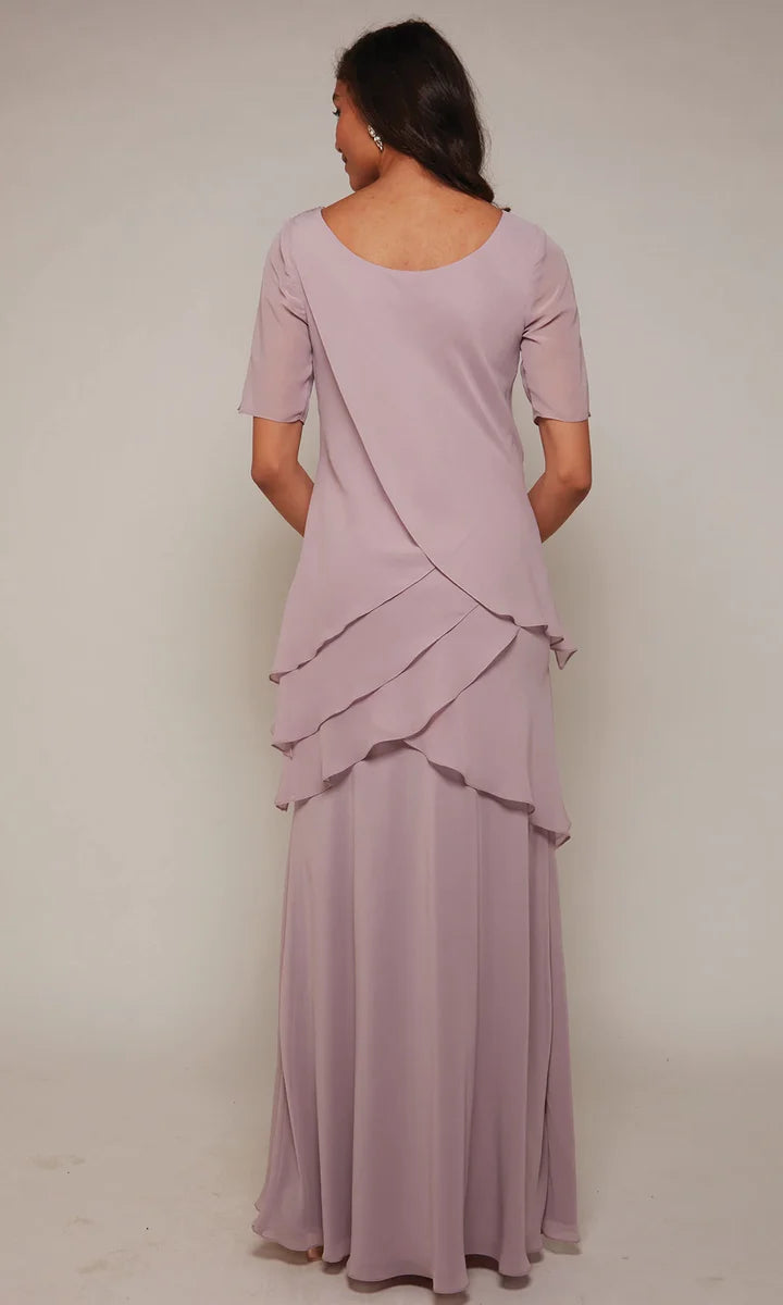 Chiffon Tiered Round Neck Short Sleeves Overlay Maxi Mother of the Bride Dress