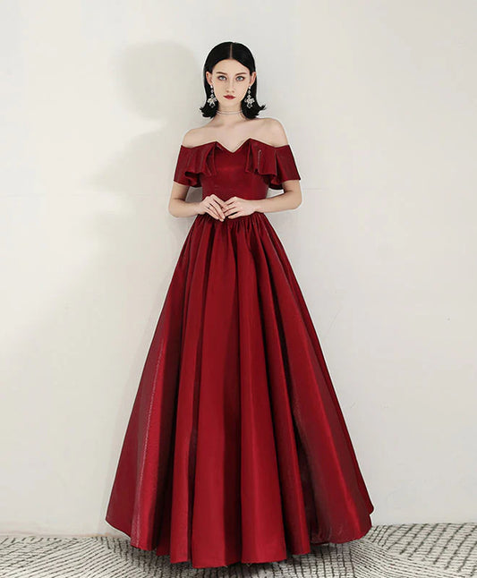 Classic A-Line Off-the-Shoulder Ruffle Floor Length Satin Prom Dress