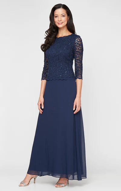 Classic A-Line Round Neck Three Quarter Lace Sequin Zip Back Chiffon Maxi Mother Of The Bride Dress