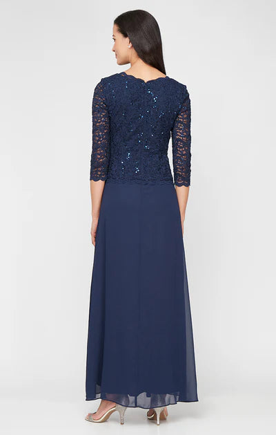 Classic A-Line Round Neck Three Quarter Lace Sequin Zip Back Chiffon Maxi Mother Of The Bride Dress