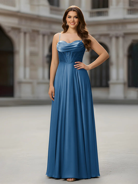Classic A-line spaghetti-strap cowl-neck lace-up back floor-length evening dress