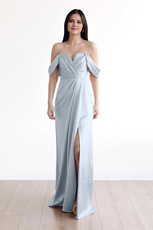 Classic Off-Shoulder Neck Sleeveless Ruched Slit Satin Floor-Length Evening Dress