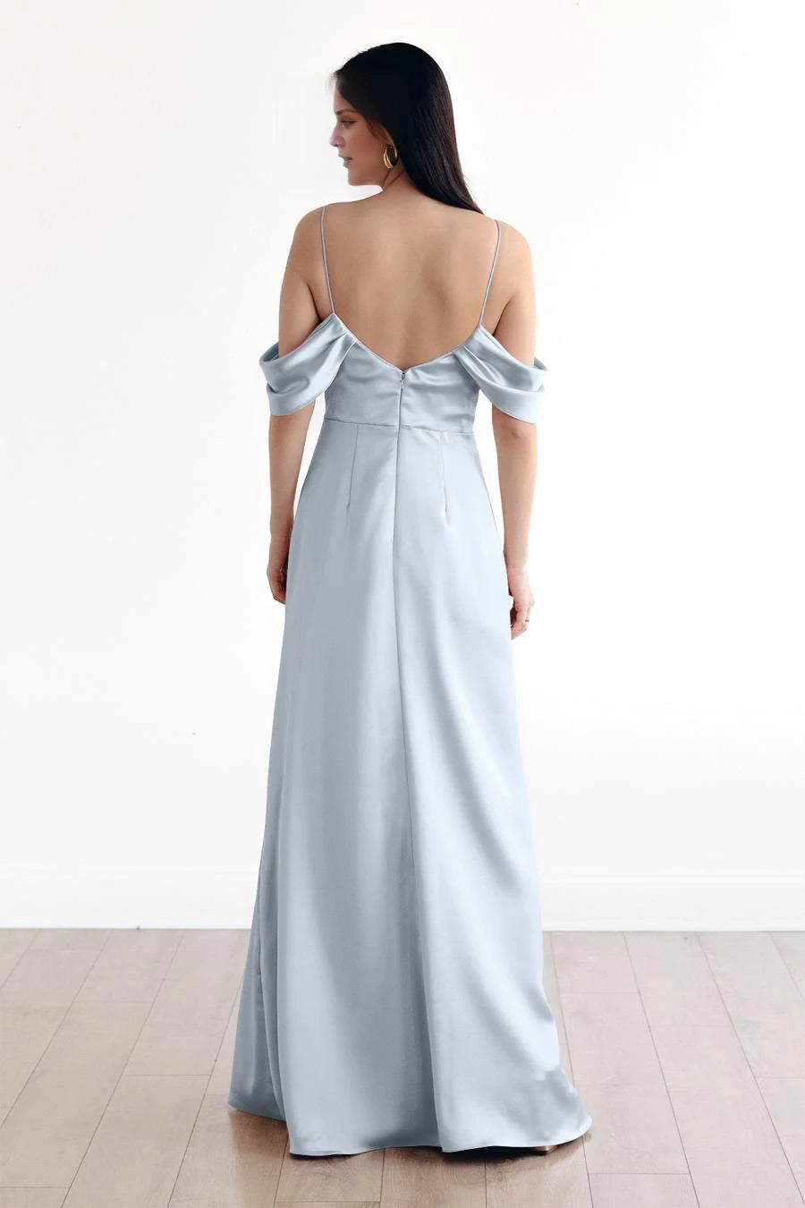 Classic Off-Shoulder Neck Sleeveless Ruched Slit Satin Floor-Length Evening Dress
