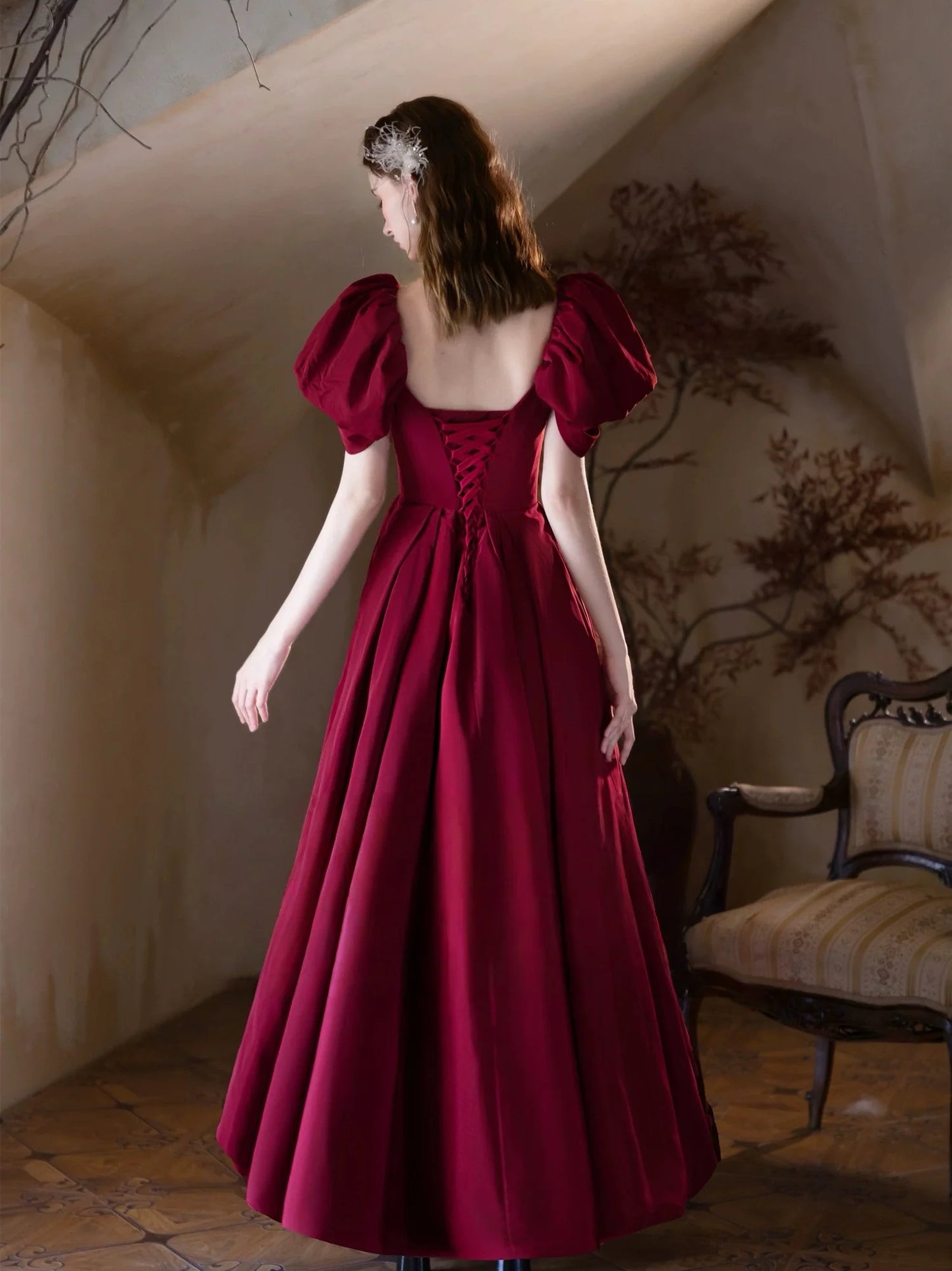 Classic Red A-Line Sweetheart Puff Sleeve Lace-Up Back Prom Dresses