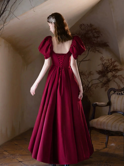 Classic Red A-Line Sweetheart Puff Sleeve Lace-Up Back Prom Dresses
