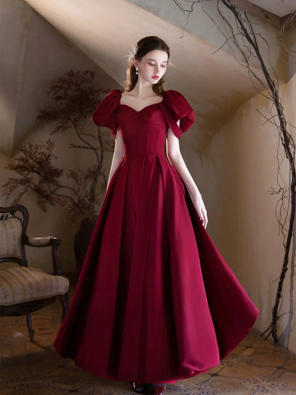 Classic Red A-Line Sweetheart Puff Sleeve Lace-Up Back Prom Dresses