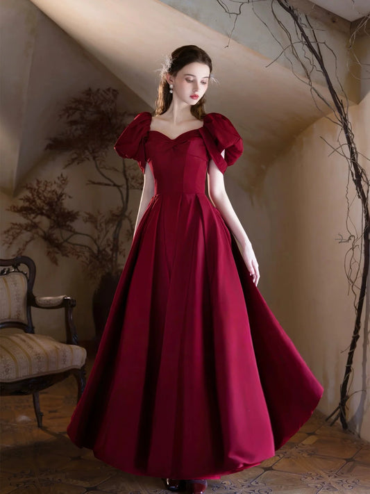 Classic Red A-Line Sweetheart Puff Sleeve Lace-Up Back Prom Dresses