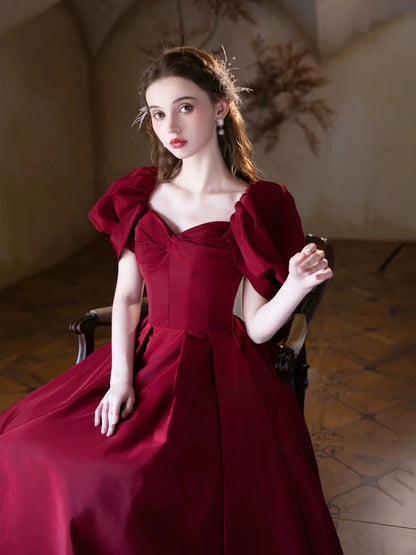 Classic Red A-Line Sweetheart Puff Sleeve Lace-Up Back Prom Dresses