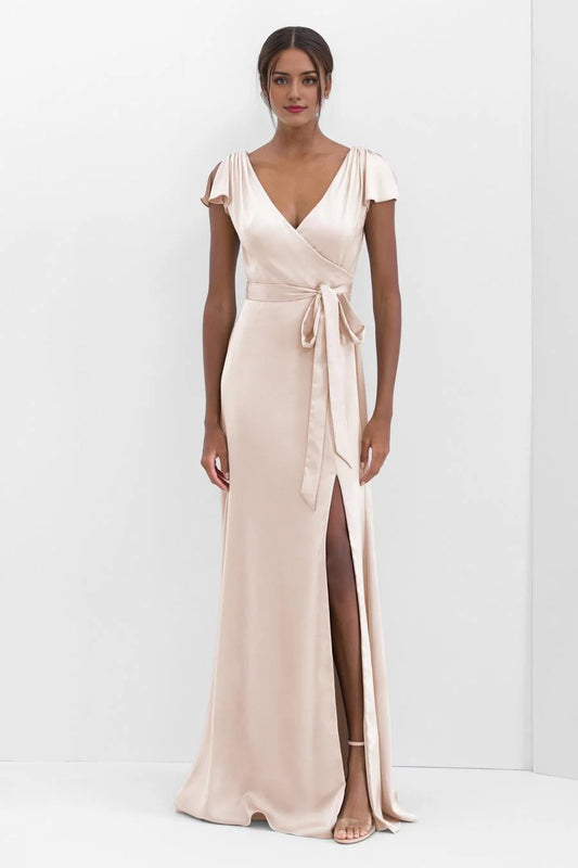 Classic Satin V Neck Flutter Sleeve Wrap-Tie Side-Slit Floor-Length Evening Dress