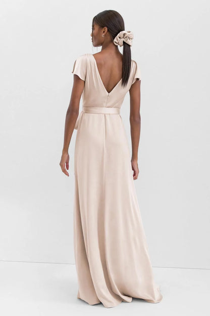 Classic Satin V Neck Flutter Sleeve Wrap-Tie Side-Slit Floor-Length Evening Dress