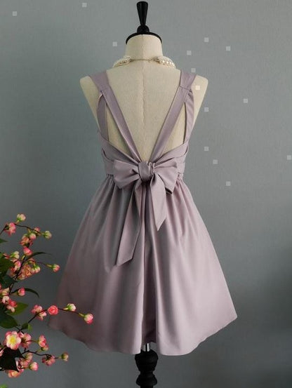 Classic Solid Satin A-line Round Neck Sleeveless CrossStrap BigBow CutoutBack Mini Homecoming Dresses
