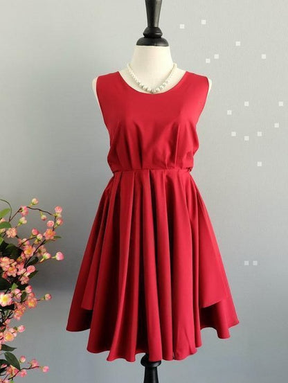 Classic Solid Satin A-line Round Neck Sleeveless CrossStrap BigBow CutoutBack Mini Homecoming Dresses