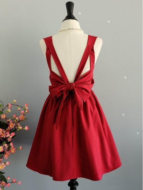Classic Solid Satin A-line Round Neck Sleeveless CrossStrap BigBow CutoutBack Mini Homecoming Dresses
