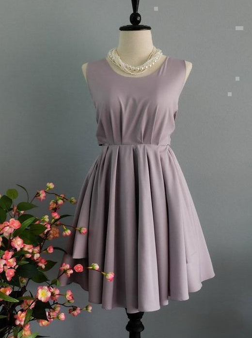 Classic Solid Satin A-line Round Neck Sleeveless CrossStrap BigBow CutoutBack Mini Homecoming Dresses