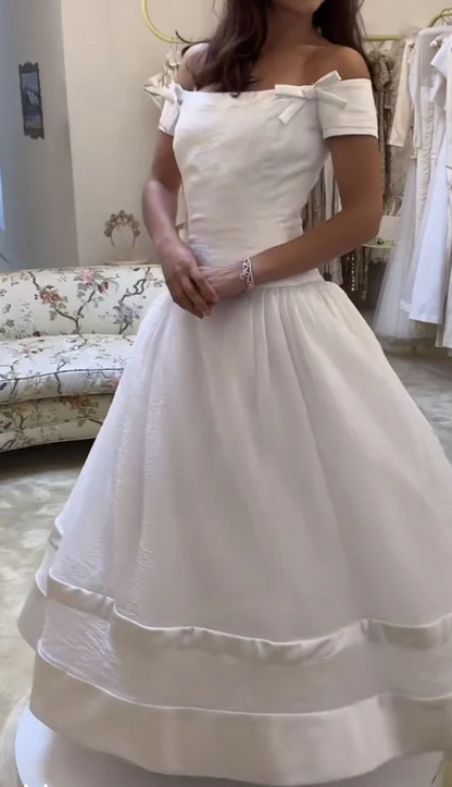 Classic White Ball Gown Off The Shoulder Short Sleeves Corset Back Floor Length Prom Dresses