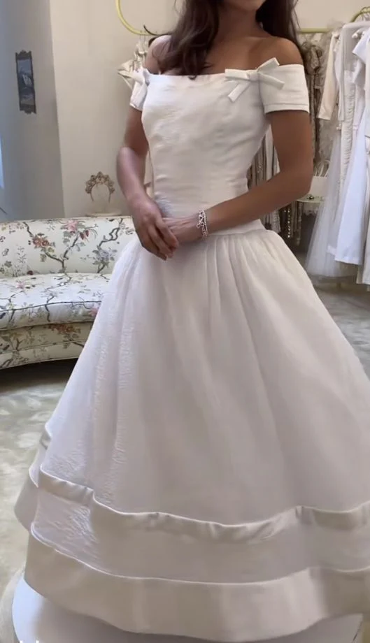 Classic White Ball Gown Off The Shoulder Short Sleeves Corset Back Floor Length Prom Dresses