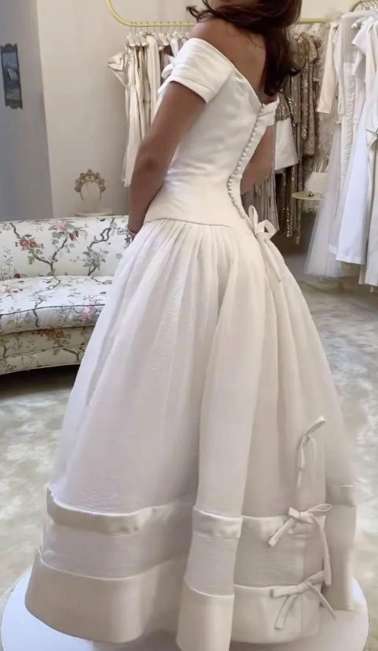 Classic White Ball Gown Off The Shoulder Short Sleeves Corset Back Floor Length Prom Dresses