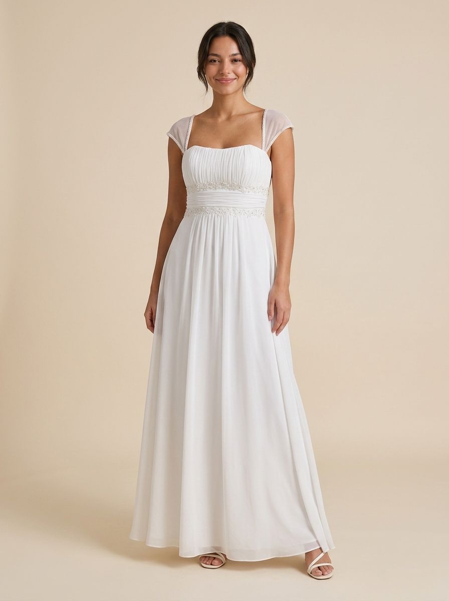 Classic White Chiffon Square Neck Cap Sleeve Beaded Waist Empire Floor Length Wedding Dresses