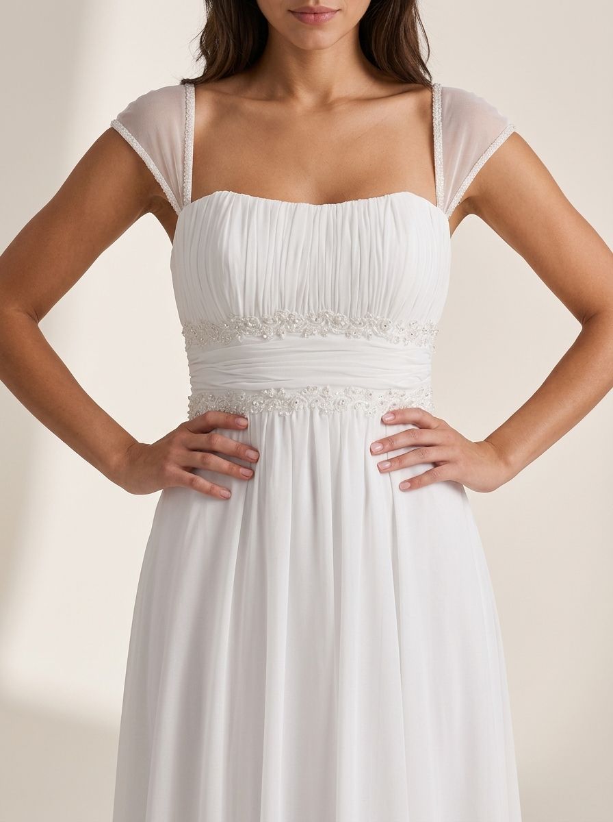 Classic White Chiffon Square Neck Cap Sleeve Beaded Waist Empire Floor Length Wedding Dresses