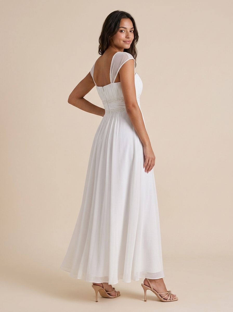Classic White Chiffon Square Neck Cap Sleeve Beaded Waist Empire Floor Length Wedding Dresses