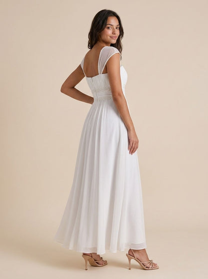 Classic White Chiffon Square Neck Cap Sleeve Beaded Waist Empire Floor Length Wedding Dresses