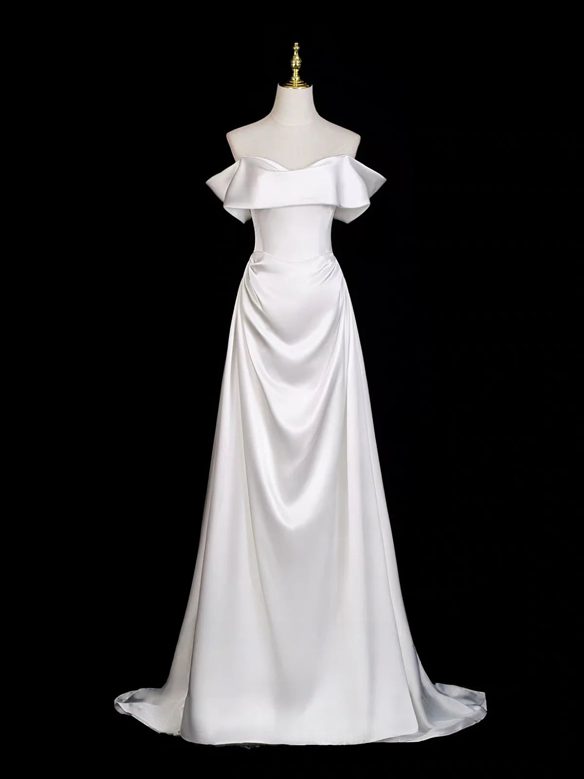 Classic White Satin A-Line Off-the-Shoulder Corset Back Floor-Length Prom Dress