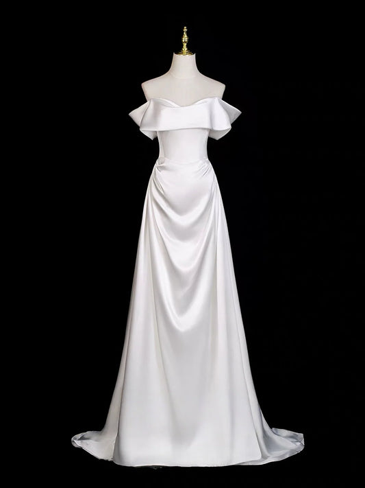 Classic White Satin A-Line Off-the-Shoulder Corset Back Floor-Length Prom Dress