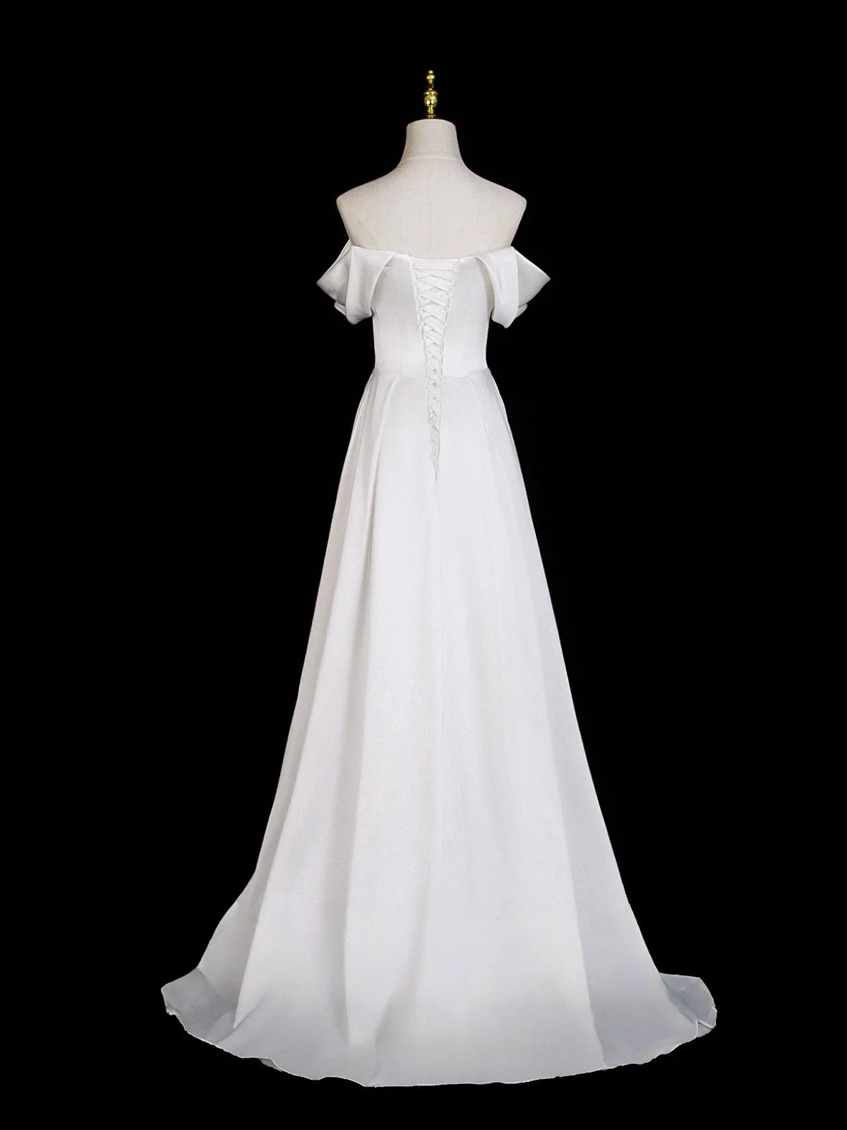 Classic White Satin A-Line Off-the-Shoulder Corset Back Floor-Length Prom Dress