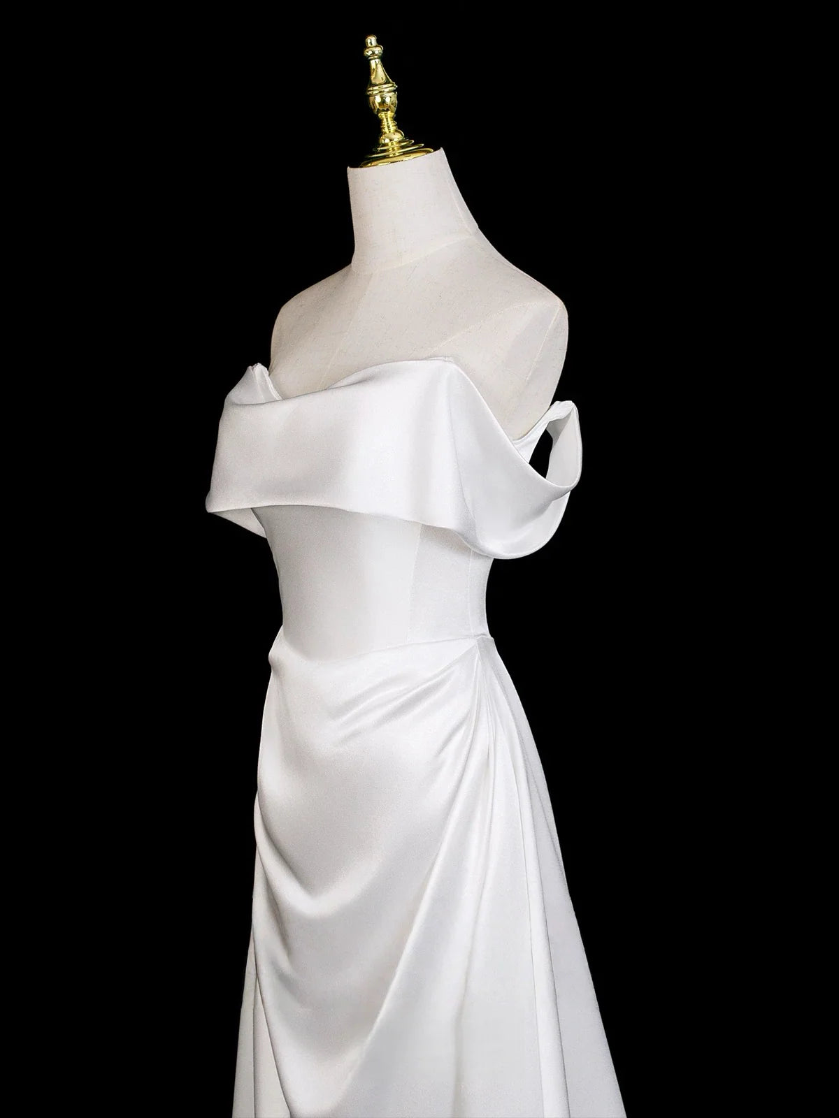 Classic White Satin A-Line Off-the-Shoulder Corset Back Floor-Length Prom Dress