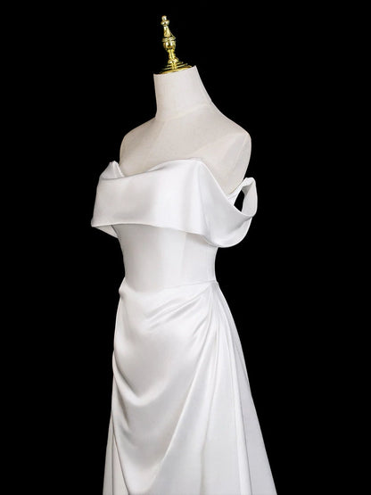 Classic White Satin A-Line Off-the-Shoulder Corset Back Floor-Length Prom Dress