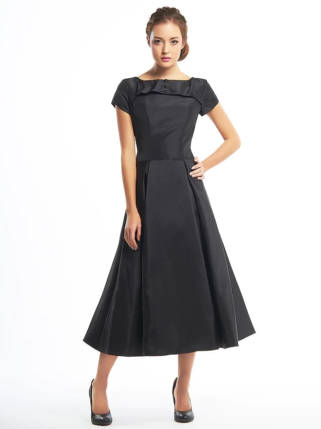 Classic Satin A-Line Boat Neck Short Sleeve Zipper Back Tea-Length Homecoming Dresses