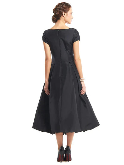 Classic Satin A-Line Boat Neck Short Sleeve Zipper Back Tea-Length Homecoming Dresses
