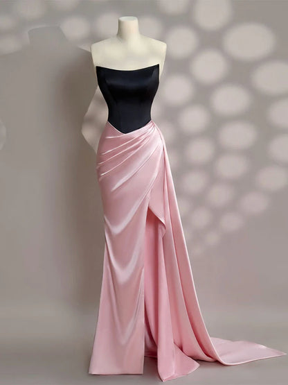 Color Block Satin Mermaid Strapless Draped Side Split Backless Maxi Prom Dress