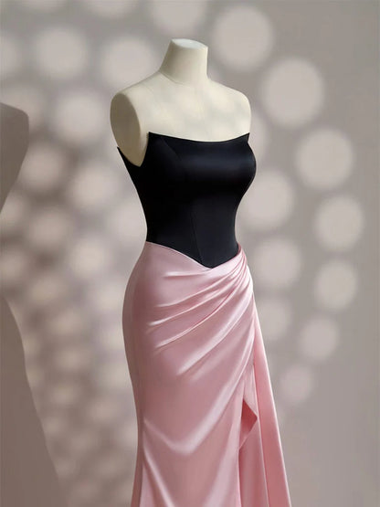 Color Block Satin Mermaid Strapless Draped Side Split Backless Maxi Prom Dress