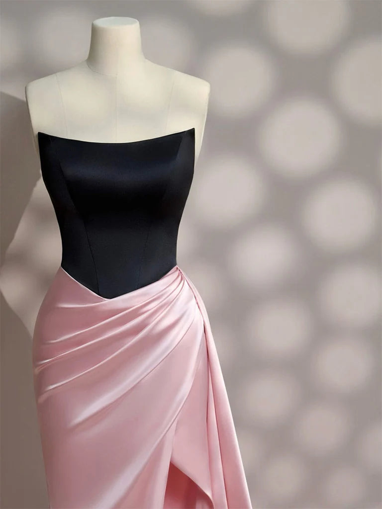 Color Block Satin Mermaid Strapless Draped Side Split Backless Maxi Prom Dress