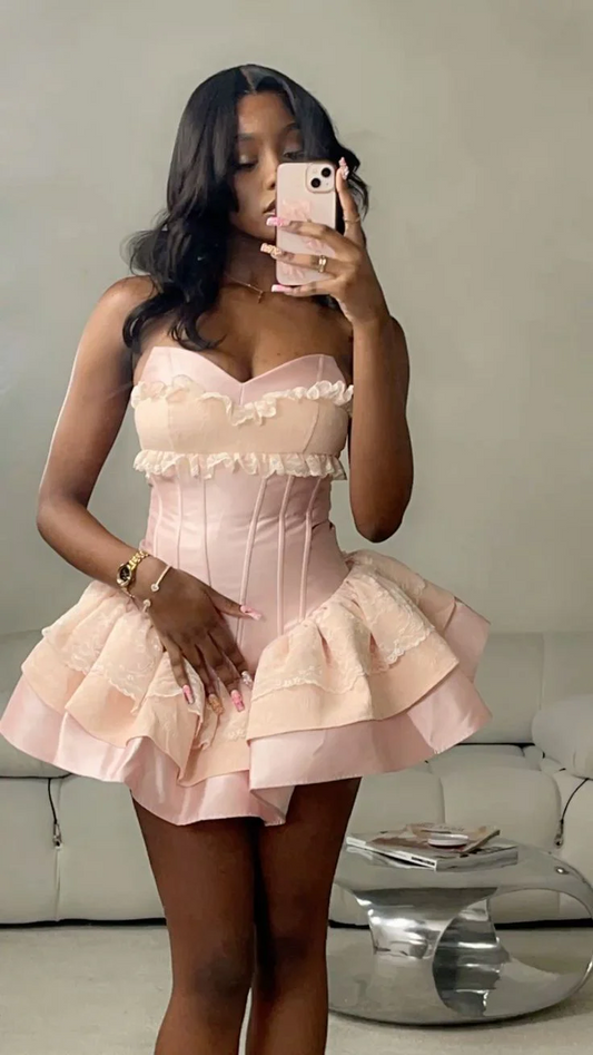 Coquette Strapless Mini Homecoming Dress Sweetheart Lace Ruffle Corset Lace-Up Back Tiered Skirt