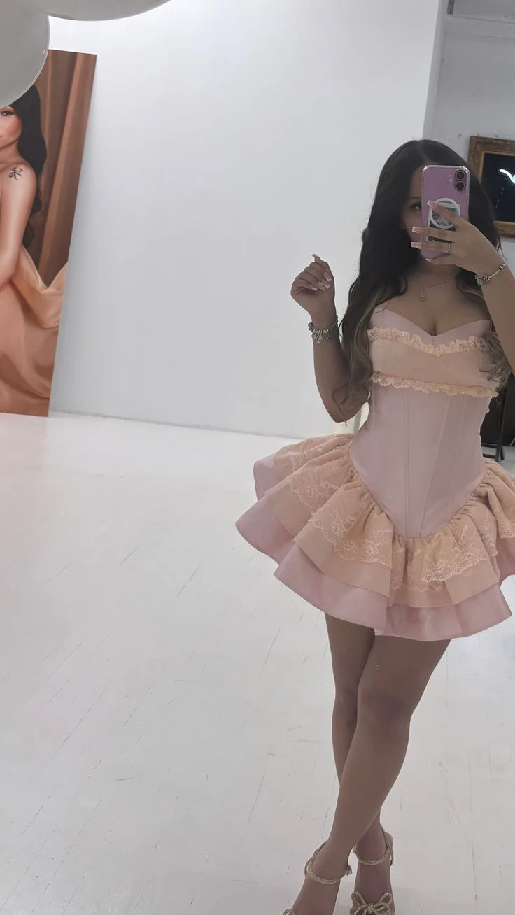 Sweet Coquette Lace Satin Strapless Sweetheart Ruffle Tiered Mini Homecoming Dress