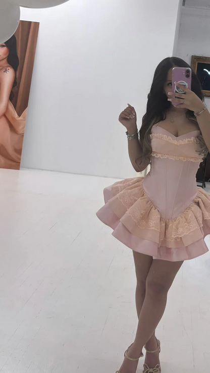 Sweet Coquette Lace Satin Strapless Sweetheart Ruffle Tiered Mini Homecoming Dress