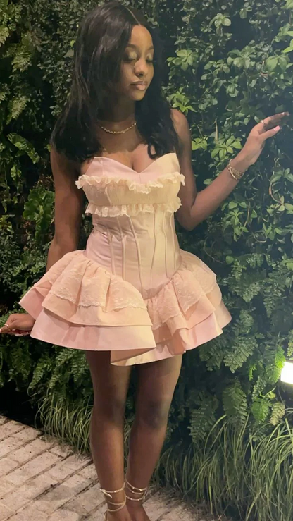 Sweet Coquette Lace Satin Strapless Sweetheart Ruffle Tiered Mini Homecoming Dress