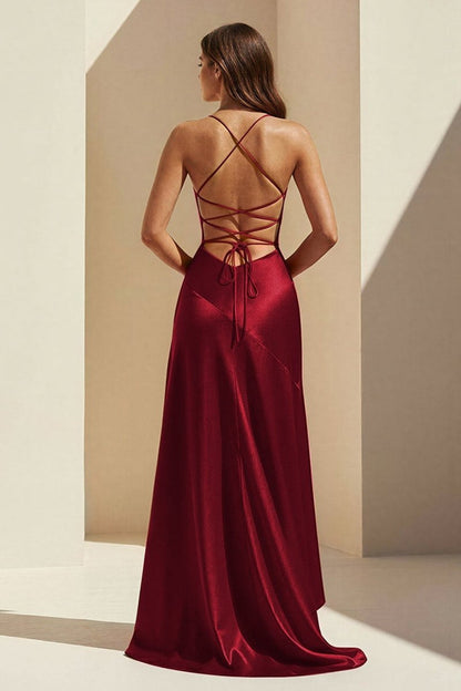 Cowl Neck Satin High Low Evening Dress with Cascading Ruffle Slit, Crisscross Lace-Up Back & Spaghetti Straps