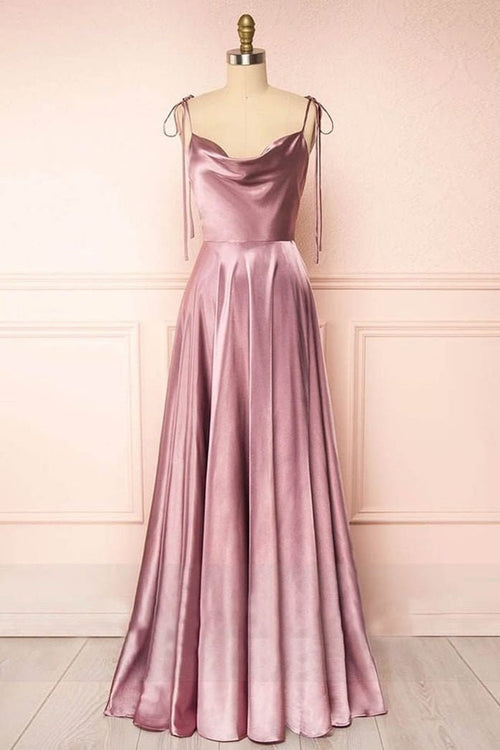 Cowl Neck Spaghetti Strap Satin Prom Dress Backless Tie Strap Sweep Train Formal Evening Wedding Guest Gown