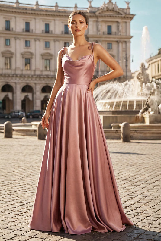 Cowl Neck Spaghetti Strap Satin Prom Dress Backless Tie Strap Sweep Train Formal Evening Wedding Guest Gown